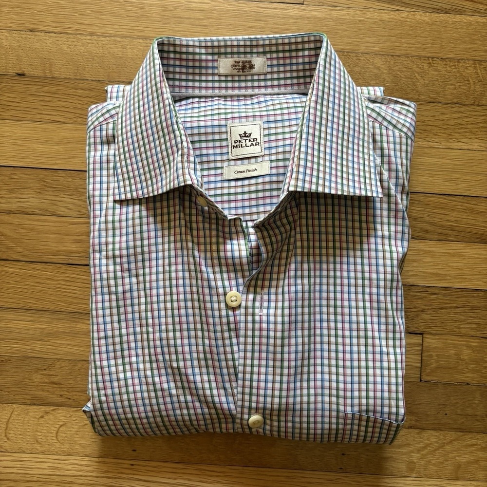 Peter Millar Long Sleeve Dress Shirt Men's M Plaid 100% Cotton Multicolor Cream - Picture 10 of 11